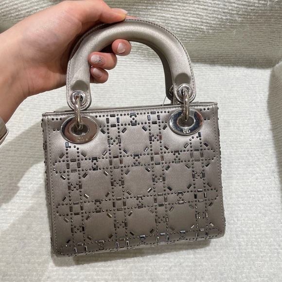 Dior Satin crystal cannage mini lady Dior gray Handbag - Picture 2 of 6